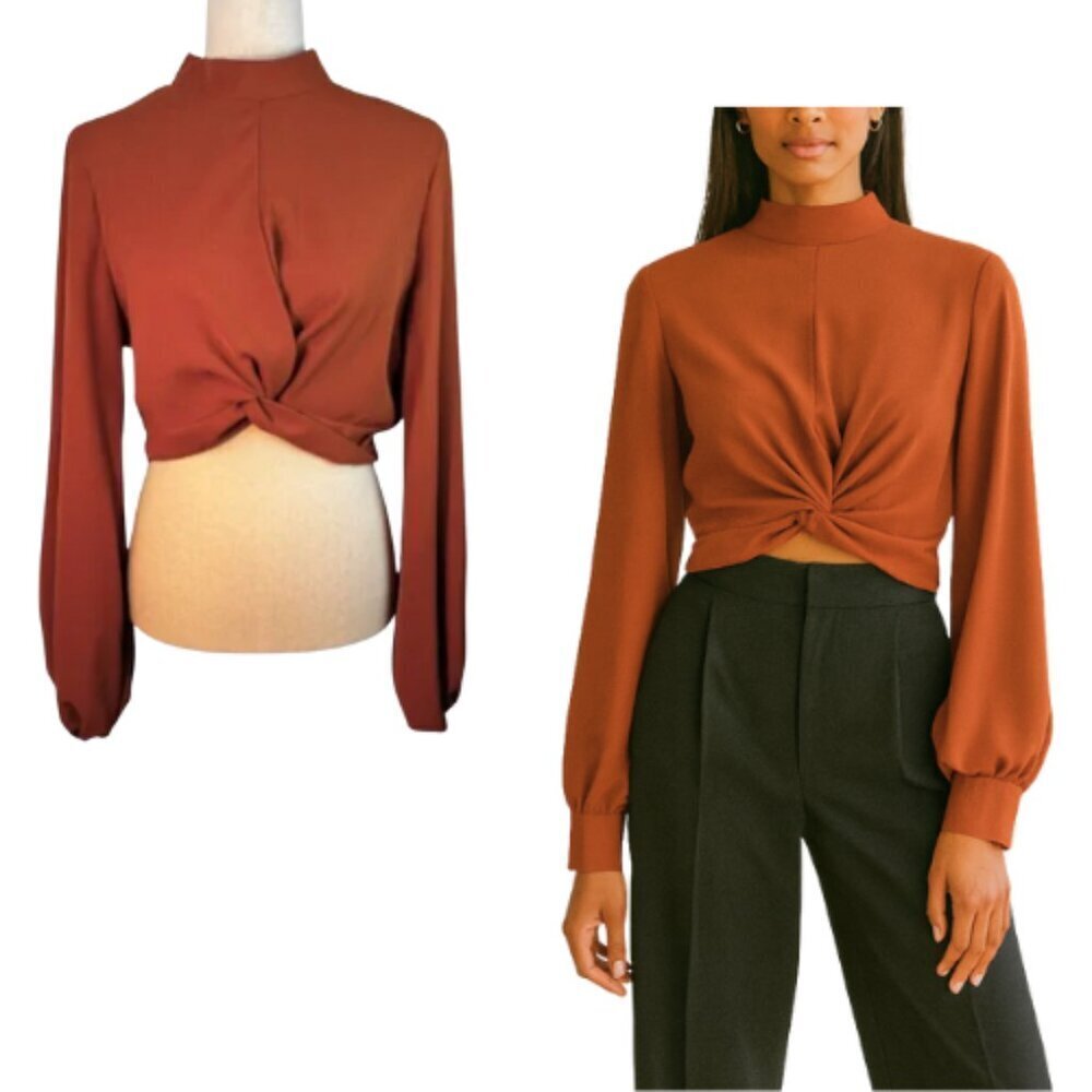 AVANOVA Burnt Orange Cropped Twist Front Mockneck Balloon Sleeve Blouse Size L